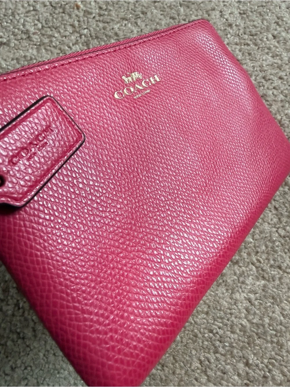 COACH Pebbled Leather Wristlet in Fuchsia Pink with Gold Hardware